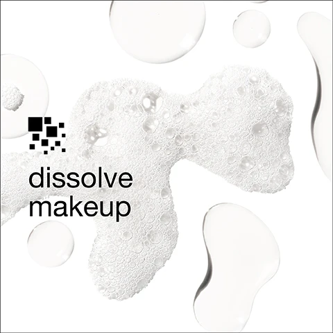 Image 1 - An abstract arrangement of bubbles and droplets on a white background with the text dissolve makeup prominently displayed.
              Image 2 - A transparent bottle is partially shown in the foreground with a light green striped background, and it features a list stating Free of followed by checked boxes for fragrance, gluten, sodium lauryl sulfate, and sodium laureth sulfate.