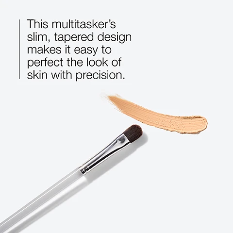 Image 1 - A makeup brush with a tapered design is shown next to a swatch of skin-toned makeup and includes the text that describes its features and functionality.
              Image 2 - Image of various makeup brushes arranged on a white surface with text instructions on how to clean them, including points on cleaning frequency, using a mild cleanser, and drying them flat.