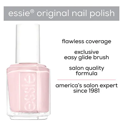 Image 1, essie original nail polish, flawless coverage, exclusive easy glide brush, salon quality formula, america's slaon expert since 1981. Image 2, quick, even professional application. Exclusive easy-glide brush. Image 3, essie 1. apply one of Essie's here to stay base coat. 2. Follow with two coats of Essie polish. 3. Finish with an Essie topcoat.