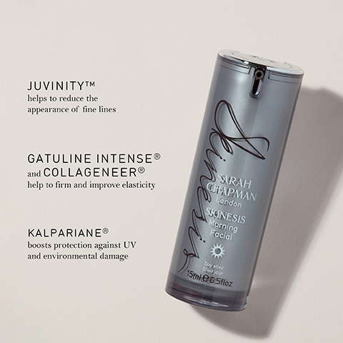 JUVINITYTMM helps to reduce the appearance of fine lines GATULINE INTENSE® and COLLAGENEER® help to firm and improve elasticity KALPARIANE® boosts protection against UV and environmental damage SARAH CHAPMAN London SKINESIS Morning Facial inesis Day livi Birour 15me05floz
