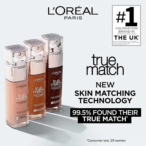 Image 1, Number 1 foundation brand in the UK. True match new skin matching technology 99.5% found their true match. Image 2, skin match technology formulated for the 1st time with up to 6 pigments for our most precise match. Image 3, swatches on 4 different skin tones. Shades: 0.5C, 0.5N, 1C, 1N, 1W, 1.5N, 2C, 2N, 2W, 2.5W, 3C, 3N, 3w, 305N, 3.5W, 4N, 4W, 4.5N, 5C, 5N, 5W, 5.5C, 5.5W, 6N, 6W, 6.5N, 6.5W, 7C, 7W, 7.5W, 8C, 8N, 8W, 8.5C, 8.5N, 8.5W, 9C, 9N, 9W, 8.5N, 8.5W, 10C, 10N, 10W, 10.5N, 11N and 12N