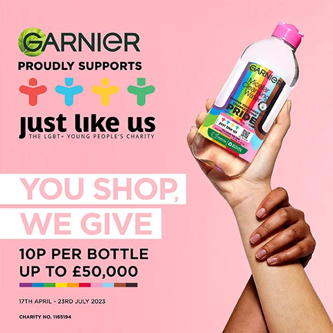 Image 1, garnier proudly supports just like us the LGBT+ young people's charity. you shop, we give. 10p per bottle up to £50,000. 17th april to 23rd july 2023. charity number = 1165194. image 2, removes up to 100% of makeup. fragrance free. vegan formula. marie claire skin awards winner 2021. image 3, more than 50,000 5 star reviews. number 1 micellar water in the uk. a must have in my cleansing routine. image 4, cruelty free international. all garnier products are officially approved by curelty free international under the leaping bunny programme. image 5, cruelty free international. british skin foundation recognising garnier's research into skincare. vegan formula no animal derived ingredients. bottle is made from recycled plastic, recycled cap, label and additives.