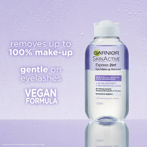Image 1, removes up to 100% makeup. gentle on eyelashes. vegan formula. image 2, more than 50,000 reviews. number 1 micellar water in the uk. a must have in my cleansing routine. image 3, cruelty free international. all garnier products are officially approved by the cruelty free international under the leaping bunny programme. image 4, cruelty free international. british skin foundation recognising garnier's research into skincare. vegan formula no animal derived ingredients. bottle is made from recycled plastic, recycled cap, label and additives.