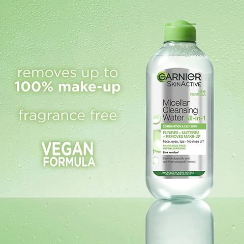 Image 1, removes up to 100% makeup. gentle on eyelashes. vegan formula. image 2, more than 50,000 reviews. number 1 micellar water in the uk. a must have in my cleansing routine. image 3, cruelty free international. all garnier products are officially approved by the cruelty free international under the leaping bunny programme. image 4, cruelty free international. british skin foundation recognising garnier's research into skincare. vegan formula no animal derived ingredients. bottle is made from recycled plastic, recycled cap, label and additives.