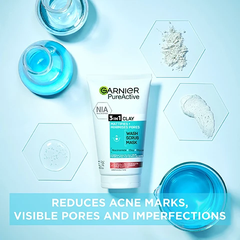 Image 1, reduces acne marks, visible pores and imperfections. image 2, 97% agree skin looks clean and clear. 88% saw impurities elminated. 88% agree pores look unclogged. 86% saw their skin look brighter. cruelty free international. vegan formula. no animal derived ingredients or by product. consumer test, 143 volunteers after 1 use. image 3, clinically proven results - 65% reduction in sebum after just 1 use. image 4, clay and niacinamide. image 5, suitable for all skin types, even sensitive.