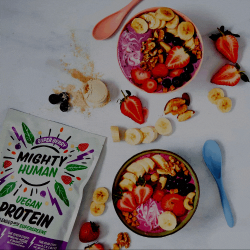 If you click the link it will redirect you to a page featuring recipes using the vegan protein. The image shows a lifestyle shot of the vegan protein pack along with mixed fruit in bowls. It also has the Mighty Peas logo featured over the image with an animated squiqqle going across the image.