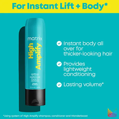 image 1, For Instant Lift + Body* matrix High Amplify de volumen Pro ✔ Instant body all over for thicker-looking hair Provides lightweight conditioning Lasting volume* *Using system of High Amplify shampoo, conditioner and Wonderboost Image 2, High Amplify Cleanse Nourish matrix High Amplify Volumizing Shampoo Volumizing Conditioner matrix High Amplify Image 3, matrix total results ↑ High Amplify.com 101FL OZ/300m New Look! Same Great Formula matrix High Amplify conditioner for volume ccondicionador de volumen revitalisant volumi Protein Protéine 10FL OZ/300m