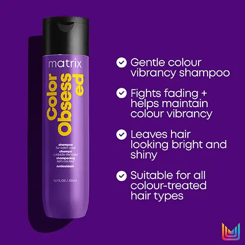 image 1, matrix Color Obsess ed for color core cuidado del color shompooing soin couleur Antioxidant 101FLOZ/300m ✔ Gentle colour vibrancy shampoo Fights fading + helps maintain colour vibrancy ✔ Leaves hair looking bright and shiny Suitable for all colour-treated hair types Image 2, matrix Color 3 Obsess ed conditioner for color core acondicionador cuidado del cor revitalisant Antioxidant 101R.OZ/300 Colour vibrancy conditioner Fights fading + helps maintain colour vibrancy ✔ Leaves hair feeling soft + nourished ✔ Suitable for all colour-treated hair types Image 3, Color Obsessed Prolongs and extends your colour vibrancy Cleanse matrix Color ed Colour Preserving Shampoo Nourish Color 3 Obsess ed matrix Colour Preserving Conditioner Image 4, matrix total results Color Obsessed ↑ 101FL OZ/300m New Look! Same Great Formula matrix Color ed shampoo for color core champú cuidado del color shompooing soin couleur Antioxidant 101 FL OZ/300m Image 5, matrix total results Color Obsessed ↑ 103 FL OZ/300m New Look! Same Great Formula matrix Color Obsess ed conditioner for color care condicionador cuidado del color revitalisont soin couleur 103FLCZ/300m