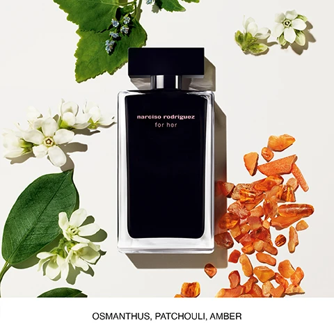 Image 1 - A black perfume bottle labeled narciso rodriguez for her is surrounded by white flowers, green leaves, and orange crystal-like pieces, with the words osmanthus, patchouli, amber visible below.
              Image 2 - An arrangement of five perfume bottles labeled Eau de Toilette, Eau de Parfum, Pure Musc, Musc Noir, Musc Noir Rose, and Musc Nude, with descriptions of their scent profiles and key notes listed below each bottle.