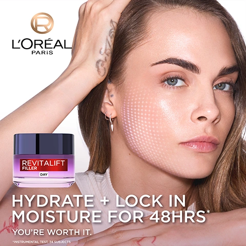 Image 1 - A model with clear, radiant skin, with a subtle grid pattern highlighted on her cheek, and a purple LOréal Revitalift Filler Day cream jar in the foreground, with the text LOréal Paris, REVITALIFT FILLER DAY, HYDRATE + LOCK IN MOISTURE FOR 48HRS*, YOURE WORTH IT., *INSTRUMENTAL TEST, 24 SUBJECTS. Image 2 - A jar of LOréal Revitalift Filler Day cream surrounded by shiny purple abstract shapes, with text that reads CLINICALLY PROVEN REPLUMPS SKIN IN 1H LOCKS IN MOISTURE FOR 48HRS INSTRUMENTAL TEST, 24 SUBJECTS. Image 3 - A purple jar of LOréal Revitalift Filler Day cream is centered on a light purple background, surrounded by three clear dishes containing different textures representing hyaluronic acids. The visible text reads Powered by [Hyaluronic Acids], Macro hydrates skin surface, Micro replumps top layers of the skin, Micro-Epidermic deep filling against wrinkles, and Revitalift Filler Day on the product jar. Image 4 - A split image comparing two faces under UV light, both with closed eyes and purple glowing patterns on their skin, set against a blurred purple background, where the left face shows less extensive purple glow than the right face which displays a more pervasive and brighter purple glow, with the visible text: WITH OUR LONGEST LASTING HYALURONIC TECHNOLOGY* WITHOUT LONG LASTING HYALURONIC ACIDcx WITH LONG LASTING HYALURONIC ACIDcx *DRAMATICAL VISUALIZATION OF LONG LASTING HA CX (IN A SIMPLEX SERUM) EFFECT ON THE SKINS DAYS USAGE + RELAPSE 24H. 13 SUBJECTS. Image 5 - Three LOréal Revitalift Filler hyaluronic acid products are displayed on a purple background, forming a routine with the text COMPLETE YOUR HYALURONIC ROUTINE, comprising STEP 1 EYE SERUM from a small bottle labeled LOREAL REVITALIFT PLUS HYALURON, STEP 2 FACE SERUM from a large dropper bottle labeled LOREAL REVITALIFT FILLER HYALURON AMPULE SERUM, and STEP 3 FACE CREAM from a jar labeled REVITALIFT FILLER DAY.