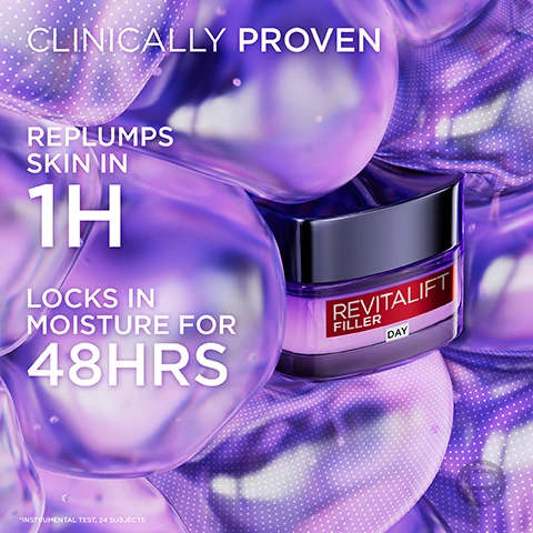 Image 3 - A purple jar of LOréal Revitalift Filler Day cream with a black lid is set against a background of reflective purple spheres and dotted fabric, with overlaying text that reads: CLINICALLY PROVEN REPLUMPS SKIN IN 1H LOCKS IN MOISTURE FOR 48HRS *INSTRUMENTAL TEST, 24 SUBJECTS. Image 4 - A jar of LOréal Revitalift Filler Day cream sits on a purple background, surrounded by three petri dishes showing different hyaluronic acid types: a wavy purple liquid, a clear bubbly liquid, and clear gel beads. Visible text reads POWERED BY [HYALURONIC ACIDS], MACRO HYDRATES SKIN SURFACE, MICRO REPLUMPS TOP LAYERS OF THE SKIN, REVITALIFT FILLER DAY, MICRO-EPIDERMIC DEEP FILLING AGAINST WRINKLES, and a stylized R logo. Image 5 - A woman with glowing skin, with a grid pattern of light dots on her left cheek, looks forward, while a purple jar of LOréal Revitalift Filler Day cream is positioned in the bottom left, accompanied by the text LORÉAL PARIS, REVITALIFT FILLER, DAY, HYDRATE + LOCK IN MOISTURE FOR 48HRS*, YOURE WORTH IT., and *INSTRUMENTAL TEST, 24 SUBJECTS. Image 6 - Three LOréal Revitalift Hyaluronic skincare products are shown against a purple background: a large dropper bottle of anti-wrinkle serum, a small dropper bottle of eye serum, and a jar of day cream. The visible text reads: COMPLETE YOUR HYALURONIC ROUTINE, LOREAL PARIS REVITALIFT FILLER HYALURON Anti-Wrinkle Serum, LOREAL PARIS REVITALIFT FILLER HYALURON Eye Serum, LOREAL PARIS REVITALIFT FILLER DAY, STEP 1 EYE SERUM, STEP 2 FACE SERUM, STEP 3 FACE CREAM, and a circular R logo. Image 7 - Three close-up faces of diverse individuals with different skin tones are shown applying a white cream to their cheeks, with the text Clinically effective on all skin types. Image 8 - A split comparison image shows two faces covered in purple glowing dots, illustrating a scientific visualization of skincare technology, with the left face showing fewer dots and the right face showing more dots, against a blurry purple background. Text on the image reads: WITH OUR LONGEST LASTING HYALURONIC TECHNOLOGY* WITHOUT LONG LASTING HYALURONIC ACIDcx WITH LONG LASTING HYALURONIC ACIDcx *DRAMATICAL VISUALIZATION OF LONG LASTING HA CX (IN A SIMPLEX SERUM) EFFECT ON THE SKIN 5 DAYS USAGE + RELAPSE 24H, 13 SUBJECTS.