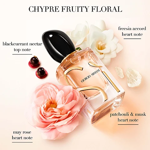 Image 1, chypre fruity floral. blackcurrent nectar top note. may rose heart note. freesia accord heart note. patchouli and musk heart note. image 2, eau de parfum = chypre fruity flora, blackcurrant nectar, may rose and fressia accord, patchouli and musk. eau de parfum intense = chypre ambery floral, blackcurrant nectar, damascena rose and davana, bourbon vanilla and black tea