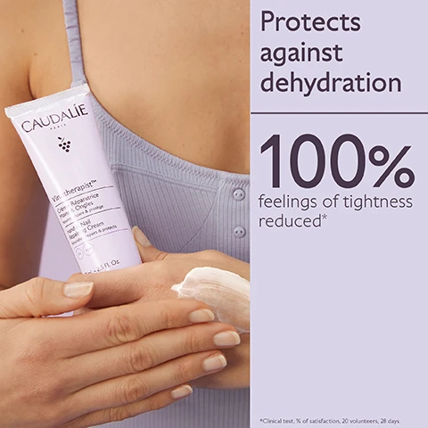 Image 1 - A person with light skin is applying a cream from a tube labeled Caudalie, while the text on the right states protects against dehydration and 100% feelings of tightness reduced.
              Image 2 - Various skincare products by Caudalie are arranged on a light purple background, including a jar of Replenishing Vegan Body Butter, a tube of Hand & Nail Repairing Cream, a tube of Hyaluronic Nourishing Body Lotion, and a Foot Beauty Cream, with product names and descriptions visible.
              Image 3 - An image showing a hand holding a tube of Caudalie Vinotherapist Hand Repairing Cream with recycling instructions that read: How To Recycle the Vinotherapist Hand Repairing Cream, 1. Recycle cap with TerraCycle, 2. Dispose of tube in recycling bin, and includes the product volume of 75ml - 2.5 FL. OZ.
              Image 4 - Image shows two hand cream tubes labeled Vinoperfect Hand Cream and Vinotherapist™ Hand Cream, with descriptions indicating Vinoperfect is anti dark spots, nourishes & protects, and is enriched in Viniferine, while Vinotherapist™ is repairing, nourishes & protects, and is enriched in Grape seed oil; a visual comparison marked with a vs. in the center.