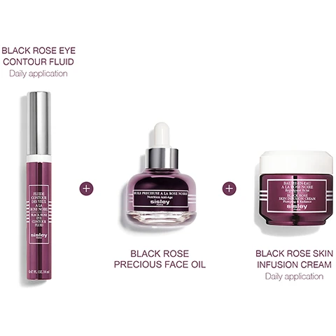 black rose eye contour fluid - daily application. black rose precious face oil. black rose skin infusion cream - daily application