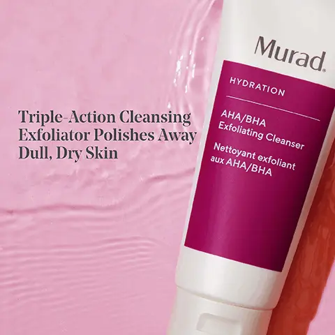 Image 1, Murad. HYDRATION Triple-Action Cleansing Exfoliator Polishes Away Dull, Dry Skin AHA/BHA Exfoliating Cleanser Nettoyant exfoliant aux AHA/BHA Image 2, SWAP IN EXFOLIATION WITH A CLEANSER! Restore Youthful Volume + Bounce Murad. HYDRATION AHA/BHA Exfoliating Cleanser Nettoyant exfoliant BAHA/BHA 01 AHA/BHA EXFOLIATING CLEANSER Cleanse with AHA/BHA Exfoliating Cleanser. Pat dry 02 HYDRATING TONER Dispense Hydrating Toner onto a cotton pad + sweep over face + neck Murad. HYDRATION Hydrating Toner Lotion tonique