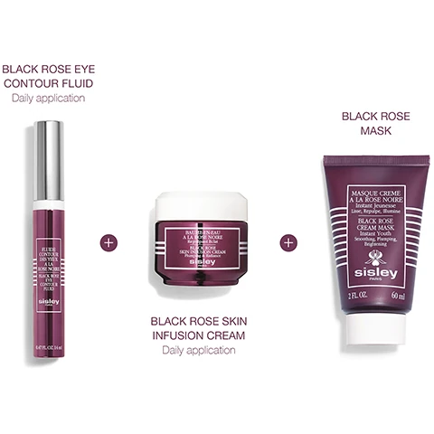 black rose eye contour fluid - daily application. black rose skin infusion cream - daily application. black rose mask