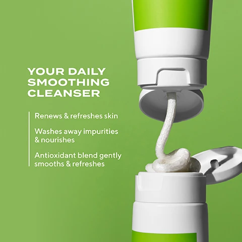 Image 1 - A green tube of cleansing product with a white flip cap displaying a creamy cleanser being squeezed out, accompanied by text that reads Your Daily Smoothing Cleanser, Renews & refreshes skin, Washes away impurities & nourishes, Antioxidant blend gently smooths & refreshes.
              Image 2 - A woman with dark skin and a radiant smile is applying a cream cleanser to her face while holding her cheek, with a green background and visible text that reads Luxurious Cream Cleanser, SMOOTH YOUR SKIN WITH EVERY CLEANSE.
              Image 3 - A creamy white skincare product is spread on a green background, with accompanying text describing its ingredients and benefits: Peptide, Lactic Acid + Antioxidant Blend: Smooth & renew for a more youthful complexion; Essential Fatty Acids: Help maintain skins moisture; Apricot + Starflower Oils: Provide intense hydration & replenish skin.
              Image 4 - A close-up of a creamy lather with the text Renewing Cleansing Cream luxuriously rich, creamy lather.
              Image 5 - Image shows two Murad skincare products, a cleansing cream and a renewing cleansing cream, both with green labels, alongside the text that reads NEW LOOK, NEW SIZE, SAME SMOOTHING FORMULA YOU LOVE.
              Image 6 - Image shows four tubes of Murad cleansers arranged side by side with labels for each: Renew AHA/BHA Exfoliating Cleanser, Brighten Essential-C Cleanser, Smooth Renewing Cleansing Cream, and Clear Clarifying Cleanser, with the text FIND YOUR CLEANSER above them.