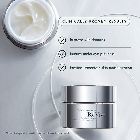 CLINICALLY PROVEN RESULTS "In an independent study, used as directed for 4 weeks Improve skin firmness Reduce under-eye puffiness Provide immediate skin moisturization MASQUE DES YEUN RéVive Revitokzing Eye Ma Mason Revilo pour les Y