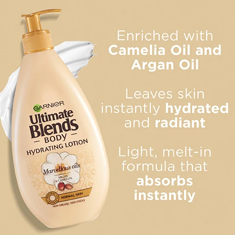 Image 1, enriched with camelia oil and argan oil. leaves skin feeling instsntly hydrates and radiant. light, melt in formula that absorbs instantly. image 2, cruelty free international. all garnier products are officially approved by cruelty free international under the leaping bunny programme