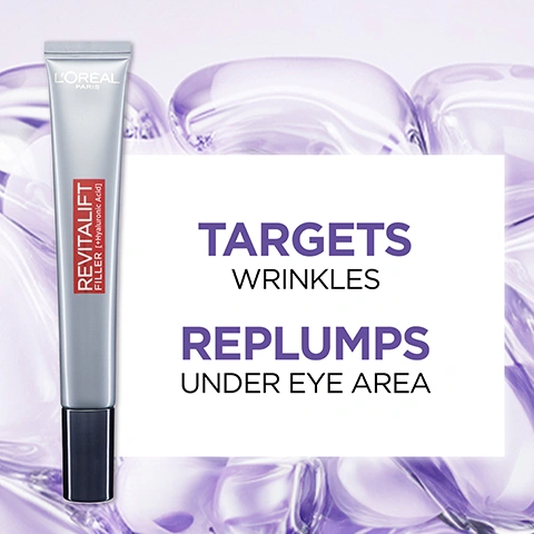 Image 1 - A silver tube of LOreal Paris Revitalift Filler [+Hyaluronic Acid] eye cream is shown on a purple and white background with abstract fluid shapes, accompanied by the text Targets Wrinkles, Replumps Under Eye Area. Image 2 - A silver tube of LOréal Revitalift Filler with [+Hyaluronic Acid] printed vertically on a red strip is displayed against a light purple bubbly background, alongside text that reads LORÉAL PARIS, FORMULA WITH CONCENTRATED [HYALURONIC ACID], Helps retain moisture for long lasting hydration. Image 3 - A woman with her eyes closed gently applies a product to her face with her finger, with small white dots of product visible on her forehead and under her eye, and the text Smooth Application and Apply Day and Night. Image 4 - Four LOréal Revitalift Filler products, consisting of an eye cream tube, an eye serum, a plumping water-cream jar, and a hyaluronic acid serum dropper bottle, are displayed on a reflective surface against a purple background with lab beakers, alongside text that reads REPLUMPING ROUTINE [HYALURONIC ACID], LORÉAL PARIS REVITALIFT FILLER [HYALURONIC ACID] EYE CREAM, LORÉAL PARIS REVITALIFT FILLER 2.5% [HYALURONIC ACID + CAFFEINE] EYE SERUM, LORÉAL PARIS REVITALIFT FILLER MICRO-EPIDERMIC HYALURONIC ACID PLUMPING WATER-CREAM, and LORÉAL PARIS REVITALIFT FILLER 1.5% HYALURONIC ACID SERUM.