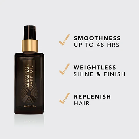 Image 2 - The image shows a bottle of Sebastian Dark Oil with a black and gold design, accompanied by text highlights stating Smoothness Up to 48 Hrs, Weightless Shine & Finish, and Replenish Hair.
              Image 5 - A side-by-side comparison image showing a persons hair before and after treatment, with the left side displaying frizzy and unstyled hair labeled BEFORE and the right side showing smooth, styled hair with waves labeled AFTER*, accompanied by the note *AFTER APPLICATION AND STYLING.
              Image 6 - Image shows two pieces of wood, one dark and one light, with three drops of golden liquid hovering in between, accompanied by the text Sandalwood, Cedarwood & Argan Oil.