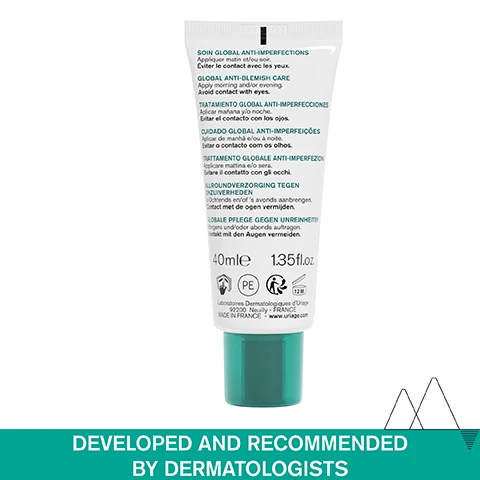 Image 1 - A tube of anti-blemish cream with a green cap, surrounded by multilingual text instructions about the products use, including DEVELOPED AND RECOMMENDED BY DERMATOLOGISTS.
              Image 2 - A close-up of a persons face with a focus on their cheek, where a white cream is being applied, along with text boxes highlighting features such as OILY SKIN PRONE TO Blemishes, Light texture & powdery finish, Fast-absorbing, and Mattifying effect.
              Image 3 - Image of a tube of Uriage Hyseac 3-Regul+ global anti-blemish cream, featuring the text GLOBAL ANTI-BLEMISH CREAM WITH 6.8% AHA -84% SKIN IMPERFECTIONS* NORMALIZES SKIN MICROBIOME** *Clinical trial: 32 volunteers (dermatologists assessment at 2 months) **published in: Life (Swiss) 2024; 14:688 (MDPI).
              Image 4 - Image shows a graphic titled ADVANCED DERMATOLOGICAL FORMULA featuring four bullet points with text: 6.8% AHA Refines & improves skin texture, unclogs pores, ZINC LACTATE Regulates the overproduction of sebum with purifying properties, SALICYLIC ACID Refines skin texture & unclogs pores, and [LICORICE PATENT] Mattifies & regulates sebum excess.
              Image 5 - A scenic mountain landscape with visible text stating Developed and recommended by dermatologists, Suitable for acne-prone skin, High-tolerance, and Non-comedogenic.
              Image 6 - A collection of three skincare products from Uriages Hyseac line is displayed against a light blue background, labeled 1 Cleanse, 2 Soothe, and 3 Correct, with the first product being a green gel cleanser, the second a dropper bottle serum, and the third a tube cream.