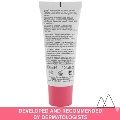 Image 1 - A close-up of a white cosmetic tube with a pink cap shows text including ROSÉLIANE CRÈME ANTI-ROUGEURS Appliquer matin et/ou soir sur le visage en insistant sur les zones à traiter : joues, ailes du nez... ROSÉLIANE ANTI-REDNESS CREAM Apply mornings and/or evenings on the face, focusing on areas to be treated: cheeks, sides of the nose... ROSÉLIANE CREMA ANTIROJECES Aplicar en el rostro mañana y/o noche, insistiendo en las zonas a tratar: mejillas, aletas de la nariz... ROSÉLIANE CREME ANTI-VERMELHIDÃO Aplicar de manhã e/ou à noite no rosto, insistindo nas zonas mais afetadas : maçãs do rosto, asas do nariz... ROSÉLIANE CREMA ANTI-ARROSSAMENTI Applicare mattina e/o sera sul viso insistendo sulle zone da trattare: le guance, le ali del naso... ROSÉLIANE CRÈME TEGEN ROODHEID s Ochtends en/of s avonds op het gelaat aanbrengen, vooral op de betrokken zones: wangen, neusvleugels... ROSÉLIANE CREME GEGEN RÖTUNGEN Morgens und/oder abends auf das Gesicht auftragen, mit besonderem Nachdruck auf die betroffenen Partien: Wangen, Nasenflügel... 40mle 1.35fl.oz PE 12 M Laboratoires Dermatologiques dUriage 92200 Neuilly - FRANCE MADE IN FRANCE - www.uriage.com 15142004 and on a pink background DEVELOPED AND RECOMMENDED BY DERMATOLOGISTS. Image 2 - Close-up of a persons face with cream applied to the cheek, overlaid with checkmarks and text Rich cream for long-lasting comfort, Neutralizing green pearls, and SENSITIVE SKIN PRONE TO REDNESS. Image 3 - Woman applying cream to her face and smiling, with text that reads Decreases redness*, Provides immediate comfort, and *Helps diminish the appearance of redness. Image 4 - Infographic listing ingredients and their effects with text: BREVET URIAGE URIAGE PATENT SK5R [SK5R PATENT] Soothing action, BREVET URIAGE URIAGE PATENT TLR2 REGUL [TLR2-REGUL PATENT] Regulates antimicrobial peptides, BREVET URIAGE URIAGE PATENT CERASTEROL .2F [CERASTEROL-2F PATENT] Barrier effect, GINSENG & ALGAE EXTRACTS Even the complexion, GLYCERIN AND SHEA BUTTER Provide moisture & comfort, ADVANCED DERMATOLOGICAL FORMULA. Image 5 - A scenic mountain lake reflects snowy peaks with four icons and text labels overlaid Recommended by dermatologists Suitable for sensitive skin Non-comedogenic High tolerance. Image 6 - A tube of Uriage Roséliane Anti-Redness Cream is shown next to a smear of the cream, with a blue seal that reads RECOMMENDED BY DERMATOLOGISTS and text on the tube reading URIAGE EAU THERMALE Roséliane CRÈME ANTI-ROUGEURS Apaise, Hydrate Diminue les rougeurs ANTI-REDNESS CREAM Soothes, Moisturizes Decreases redness PEAUX SENSIBLES À ROUGEURS NORMALES À SÈCHES NORMAL TO DRY, SENSITIVE SKIN PRONE TO REDNESS URIAGE, LEAU THERMALE DES ALPES.