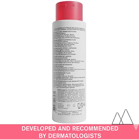 Image 1 - A white bottle with a pink cap containing Uriage Roséliane cleansing fluid is shown with text on the label including À LEAU THERMALE DURIAGE DES ALPES FRANCAISES WITH URIAGE THERMAL WATER FROM THE FRENCH ALPS ROSÉLIANE FLUIDE DERMO-NETTOYANT Peaux sensibles à rougeurs Nettoie et démaquille en douceur Apaise Sapplique avec un coton Inutile de rincer Visage - Yeux/ Testé sous contrôle dermatologique ROSÉLIANE DERMO-CLEANSING FLUID Sensitive skin prone to redness Gently cleanses and removes make-up Soothes Apply with a cotton pad No-rinse formula Face - Eyes/ Dermatologically tested ROSÉLIANE FLUIDO DERMO-LIMPIADOR Pieles sensibles sujetas a rojeces Limpia y desmaquilla con suavidad Alivia Aplicar con un algodón Sin aclarado Rostro - Ojos/ Dermatológicamente testado ROSÉLIANE FLUIDO DE LIMPEZA Pele sensível com vermelhidão Limpa e desmaquila em suavidade Suaviza Aplicar com um disco de algodão Não é necessário enxaguar Rosto - Olhos/ Testado sob controlo dermatológico ROSÉLIANE FLUIDO DETERGENTE Cute sensibile arrossata Deterge e strucca delicatamente Lenisce Si applica con una compressa di cotone Non occorre risciacquare Viso - Occhi/ Dermatologicamente testato ROSÉLIANE REINIGENDE FLUID Huid die snel rood wordt Reinigt en verwijdert make-up Verzacht Met een wattendotje aanbrengen Hoeft niet te worden afgespoeld Gelaat - Ogen/ Dermatologisch getest ROSÉLIANE REINIGENDES FLUID GEGEN RÖTUNGEN Zu Rötungen neigende Haut Zur reinigung und zum Abschminken Beruhigende Wirkung Mit einem Wattepad auftragen Muss nicht abgespült werden Gesicht - Augen/ Dermatologisch getestet [42555-09] Ingredients: AQUA (WATER, EAU) - PRUNUS ARMENIACA (APRICOT) KERNEL OIL - GLYCERIN - PEG-80 GLYCERYL COCOATE - 1,2-HEXANEDIOL - BUTYLENE GLYCOL - SODIUM ACRYLATE/ SODIUM ACRYLOYLDIMETHYL TAURATE COPOLYMER - PHENOXYETHANOL - PEG-20 METHYL GLUCOSE SESQUISTEARATE - ISOHEXADECANE - ACRYLATES/C10-30 ALKYL ACRYLATE CROSSPOLYMER - o-CYMEN-5-OL - PARFUM (FRAGRANCE) - SORBITAN OLEATE - CALENDULA OFFICINALIS FLOWER EXTRACT - MALVA SYLVESTRIS (MALLOW) FLOWER EXTRACT - PROPYLENE GLYCOL - CI 75470 (CARMINE) - CITRIC ACID - TOCOPHEROL - SODIUM CITRATE ACL 7697211 CNK 2087-047 CNP 6535088 ESPAÑA CN 194340.8 (PET) 9M FRANCE ONLY Laboratoires Dermatologiques dUriage 92200 Neuilly - FRANCE MADE IN FRANCE - wwwuriagecom and text below the bottle that says DEVELOPED AND RECOMMENDED BY DERMATOLOGISTS. Image 2 - Close up of a hand holding a cotton pad near a persons face showing a drop of liquid, with text overlays Fresh milky fluid, Gently removes make-up, and SENSITIVE SKIN PRONE TO REDNESS. Image 3 - A woman smiles while applying cream to her face, with the text Decreases redness*, Provides immediate comfort, *Helps diminish the appearance of redness visible. Image 4 - An image showing two icons, one with a water drop and leaves, the other for Uriage Thermal Water with mountains and text LEAU THERMALE DES ALPES, URIAGE, FRENCH ALPS THERMAL WATER, next to text blocks stating MALLOW, CALENDULA, ROSE, APRICOT KERNEL OIL, Soothe & improve the comfort of the skin, and URIAGE THERMAL WATER, 100% pure & natural, softens and soothes all skin types, with a bottom bar reading ADVANCED DERMATOLOGICAL FORMULA. Image 5 - Mountain landscape with a lake reflecting snowy peaks, showing icons and text listing features: Recommended by dermatologists, Suitable for sensitive skin, Non-comedogenic & Soap-free, High tolerance. Image 6 - A white bottle of Uriage Roséliane Dermo-Cleansing Fluid with a pink cap and cream splashes, featuring a Recommended by Dermatologists label and text URIAGE EAU THERMALE Roséliane FLUIDE DERMO-NETTOYANT Nettoie, Démaquille Apaise DERMO-CLEANSING FLUID Cleanses, Removes make-up Soothes PEAUX SENSIBLES A ROUGEURS SENSITIVE SKIN PRONE TO REDNESS VISAGE - YEUX - FACE - EYES TESTE SOUS CONTROLE DERMATOLOGIQUE URIAGE, LEAU THERMALE DES ALPES 250 ml e 8.4 fl.oz.