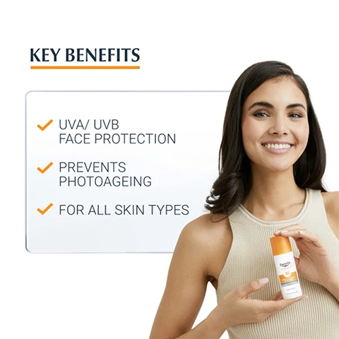 image 1, key benefits. UVA/UVB face protection. prevents photoageing. for all skin types. image 2, face, light texture, unperfumed. image 3, 95% confirm - improves my skin appearance. product in use study with 160 women. image 4, key ingredients. licochalcone A = neutralise free radicals caused by UV and hevis light. hyaluronic acid = reduce wrinkles. glycrrhetinic acid = DNA repair mechanism.