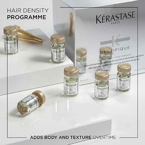 Image 1 - A collection of Kérastase Densifique hair density treatment vials with a shiny silver box in the background, featuring the text HAIR DENSITY PROGRAMME and ADDS BODY AND TEXTURE OVERTIME.
              Image 2 - A woman with short, wavy blonde hair is shown in profile, touching her neck, while a collection of Kérastase hair products is displayed at the bottom, and text reads DENSIFIQUE, infused with hyaluronic acid and intra-cylane helps to give instant, long-lasting fullness and bounce.
              Image 3 - Three transparent petri dishes contain liquids with varying textures and bubbles, labeled with visible text: HYALURONIC ACID, INTRA-CYLANE, and STEMOXYDINE.
              Image 4 - A man with curly hair and a beard smiles in a suit against a white background, with text stating he is Hovig Etoyan, Global Professional Ambassador, and discussing Densifiques benefits for thinning hair.