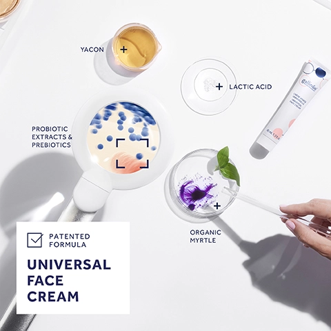 Universal Face Cream. Patented Formula. Yacon + Lactic Acid + Organic Myrtle. Probiotic extracts and prebiotics.