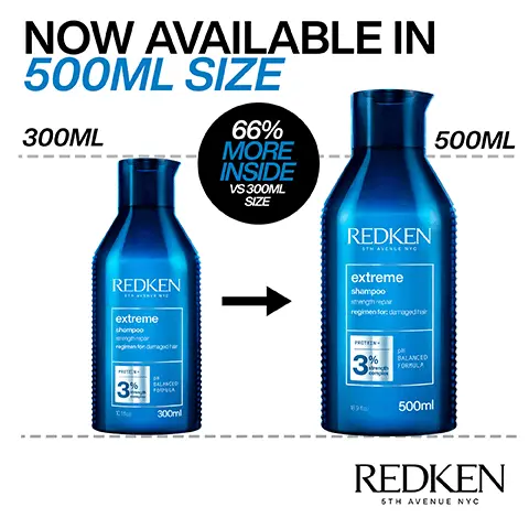 Image 1, NOW AVAILABLE IN 500ML SIZE 300ML 66% MORE INSIDE VS 300ML SIZE REDKEN extreme shampoo 300ml REDKEN extreme shampoo strength repair regimen for damaged har BALANCED FORMULA 500ml 500ML REDKEN 6TH AVENUE NYC Image 2, REDKEN 6TH AVENUE NYO extreme shampoo shampooing strength reper her force ricare regimen for/gamme pour damaged hair cheveux PROTEIN EXTREME SHAMPOO FOR DAMAGE REPAIR 73% LESS BREAKAGE* PROMOTES HAIR HEALTH PH % BALANCED FORMULA 1011oz 500ml *System of Extreme Shampoo, Conditioner & Anti-Snap