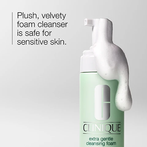 Image 1 - A green bottle of Clinique extra gentle cleansing foam with a pump top is partially foaming, with text stating plush, velvety foam cleanser is safe for sensitive skin.
              Image 2 - A white plate holds two sugar cubes, some smaller sugar pieces, and a smear of a glossy white substance, with the word Sucrose displayed in the top right corner.
              Image 3 - Image of a light green background with a box that contains a checkmark next to the word fragrance, indicating that the product is free of fragrance.