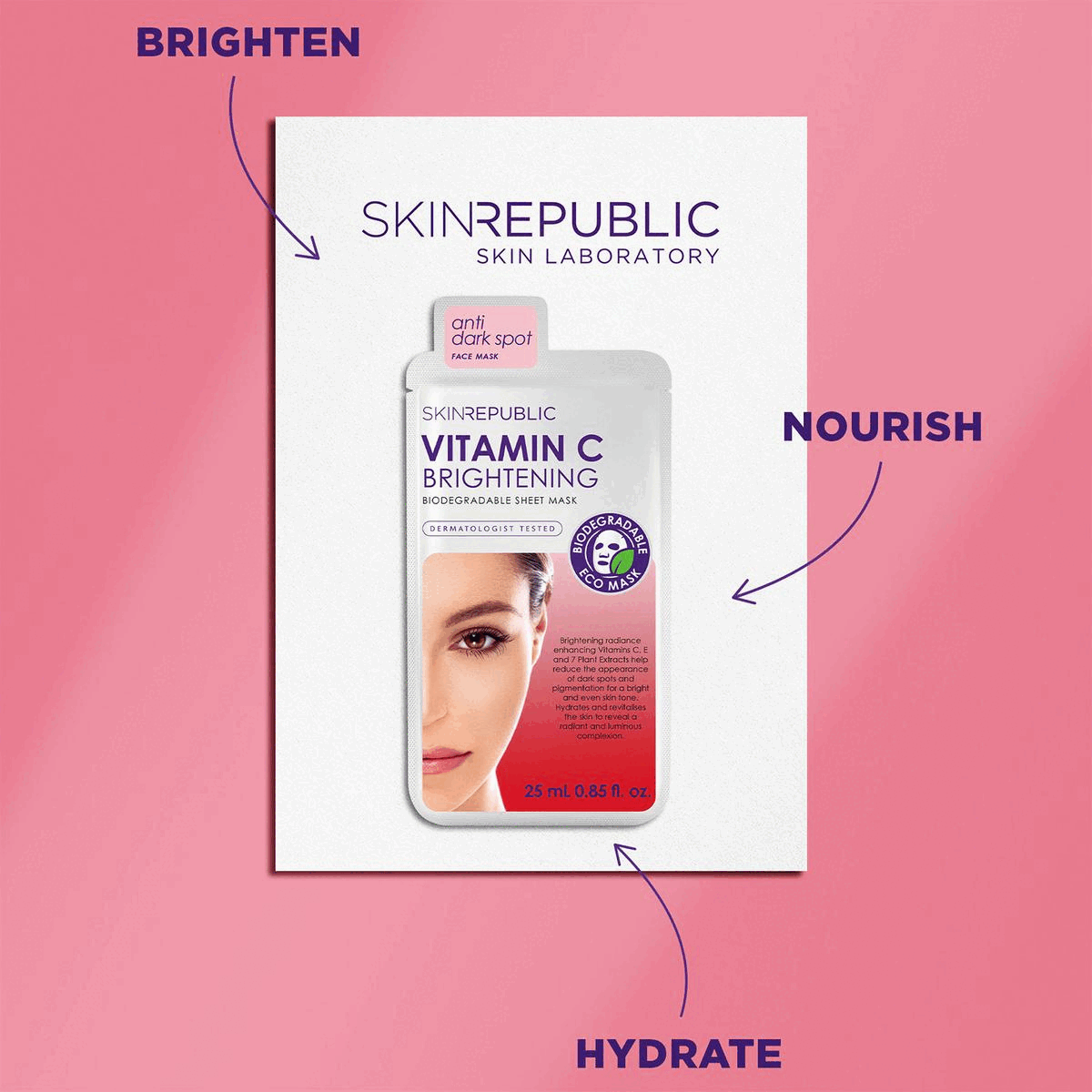 Image 1, brighten, nourish, hydrate Image 2, biodegradable mask and pack, vegetarian friendly