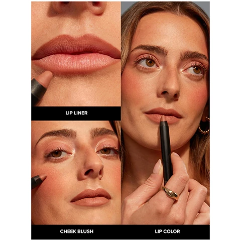 Image 1 to 4, product show as a lip liner, cheek blush and lip color. Image 5, intense matte lip pencil. soft non drying long lasting matte formula, 3 in 1 lipstick, lip liner and cheek blush, minimalist and multitasking. Image 6, swatches shown on three different skin tones