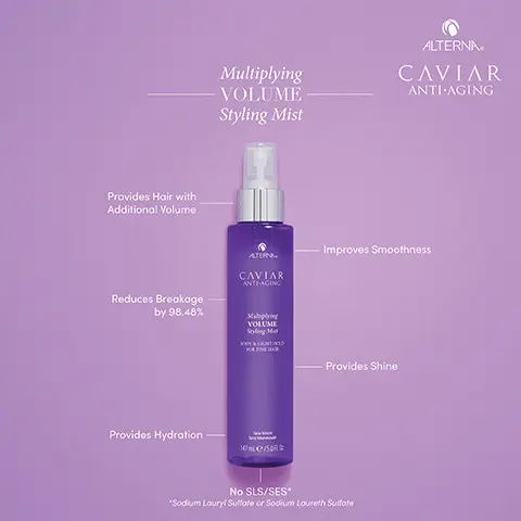 Image 1, multiplying volume styling mist, provides hair with additional volume, improves smoothness, reduces breakage by 98.48%, provides shine, provides hydration, so SLS/SES. Image 2, before and after