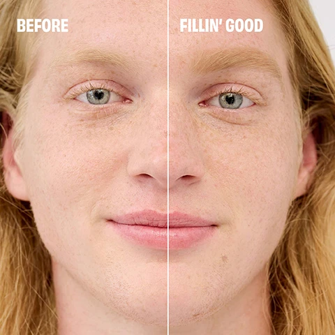 Image 1 - A close-up of a persons face split down the middle, showing the left side labeled BEFORE with visible freckles and imperfections, and the right side labeled FILLIN GOOD displaying smoother skin.
              Image 2 - An eyebrow pencil is shown on the left side with a dark angled tip, against a pink background, alongside text highlighting its features: Glide-on formula for fast & easy filling, Non-sharpen, goof-proof tip, Waterproof with 12-hour longwear.
              Image 3 - A color chart displaying various hair shades with labels from 1 to 6, including shades such as cool light blonde, warm golden blonde, warm auburn, and cool grey.
              Image 4 - An image showing two eyebrow pencil products from Benefit, one labeled as FULL SIZE with a spoolie brush on one end and the other labeled as MINI with a slanted tip, both featuring a white body with red text.