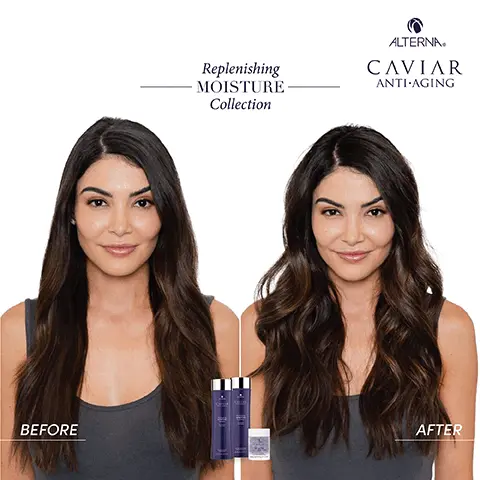 Image 1, Replenishing moisture and professional styling, before and after. Image 2, cleanse, condition, detangle and hydrate.