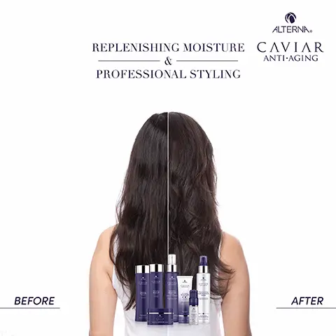 Image 1, Replenishing moisture and professional styling, before and after. Image 2, cleanse, condition, style.
