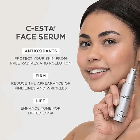 Image 1, C-ESTAR FACE SERUM ANTIOXIDANTS PROTECT YOUR SKIN FROM FREE RADIALS AND POLLUTION FIRM REDUCE THE APPEARANCE OF FINE LINES AND WRINKLES LIFT ENHANCE TONE FOR LIFTED LOOK MARIN. Image 2, C-ESTAR FACE SERUM A powerful antioxidant cocktail, featuring a lipid soluble Vitamin C and DMAE and Hyaluronic Acid, shown to reduce the appearance of fine lines and wrinkles and uneven skin texture. Image 3, C-ESTA FACE SERUM Serum Pour Le Vix, THE LEADING Vitamin C Antioxidant FEATURING A LIPID SOLUBLE VITAMIN C, DMAE AND HYALURONIC ACID LIFT, DMAE ENHANCES TONE FOR A LIFTED LOOK FIRM, REDUCE THE APPEARANCE OF FINE LINES AND WRINKLES STEP 2, MARINI SKIN RESEARCH ANTIOXIDANTS PROTECT YOUR SKIN FROM FREE RADICALS AND POLLUTION