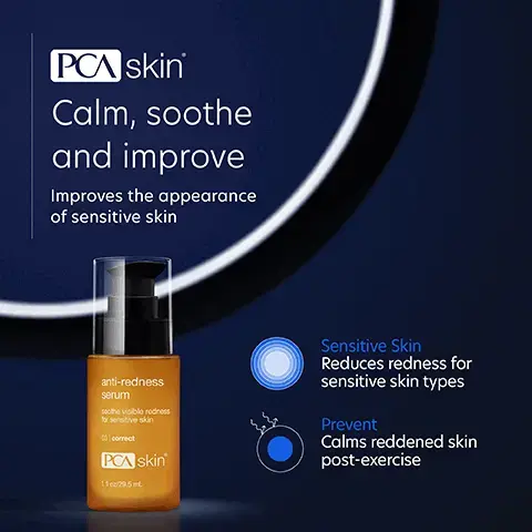 Image 1: calm, soothe and improve, improves the appearance of sensitive skin. sensitive skin that reduces redness for sensitive skin types and prevent calsm reddened skin post exercise. Image 2: We've put put best into helping you feel your best,Aldavine clams and sooths skin, capparenols that calms and soothes skin and Bisabolol calms and soothes skin. Image 3: Differences you see before and after 2 months model shot. Image 4: Complete your regimen: Creamy cleanser that gently hydrates and removes makeup, oil, dirt and impurities, anti redness serum that calms soothes and improves the appearance of sensitive of senstive skin, rebalance hydrates calms and soothes normal to sensitive skin and hydrator plux SPF 30 that broad spectrum protection that also hydrates dry/dehydrated skin. Image 5,  C Skincare trusted by experts • PCA SKIN performs extensive product testing and all finished products are tested with patients in medical practices • All SPF products are recommended by the Skin Cancer Foundation • We do not perform or condone animal testing • Our products are free of: - Synthetic dyes and fragrances - Mineral oil - Lanolin - Phthalates -Parabens Skin Image 6, This product calms my redness and soothes my irritated skin. It is easily applied to my sensitive skin. Verified Customer