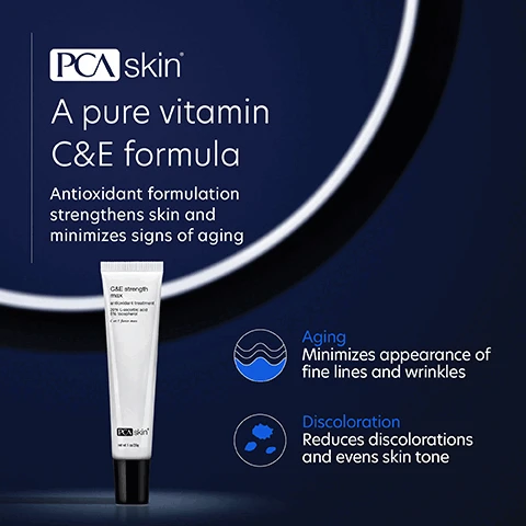 Image 1: PCA skin A pure vitamin C&E formula Antioxidant formulation strengthens skin and minimizes signs of aging CAE strength Aging Minimizes appearance of fine lines and wrinkles Discoloration Reduces discolorations and evens skin tone Image 2, We've put our best into helping you feel your best Vitamin C Minimizes appearance of fine lines and wrinkles while evening skin tone Pure Vitamin E A powerful antioxidant Bisabolol Calms and soothes the skin Image 3, Differences you can see BEFORE AFTER FIVE WEEKS Condition: Fine lines, wrinkles, dullness and laxity Solution: C&E Strength Max *Photos not retouched Image 4, Complete your regimen facial wash daily defense broad spectrum 50+ PCA skin ReBalance daly moisturizer for all skin types C4hydrate PCA skin PCA skin Facial Wash Removes makeup, oil, dirt and environmental impurities. C&E Strength Max Powerful antioxidant treatment that combats signs of aging. ReBalance Hydrates, calms and balances normal to sensitive skin. Daily Defense Broad Spectrum SPF 50+ protection that defends against aging pollutants. Image 5, This is my holy grail product! My skin care provider recommended this and wow! Verified Customer Image 6, C Skincare trusted by experts • PCA SKIN performs extensive product testing and all finished products are tested with patients in medical practices • All SPF products are recommended by the Skin Cancer Foundation • We do not perform or condone animal testing • Our products are free of: - Synthetic dyes and fragrances - Mineral oil - Lanolin - Phthalates -Parabens Skin