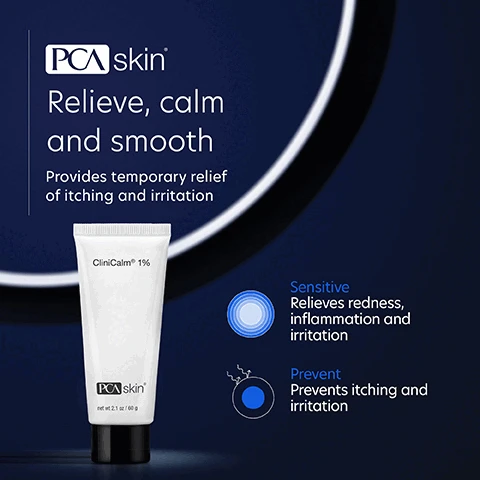 Image 1: PCA skin Relieve, calm and smooth Provides temporary relief of itching and irritation CliniCalm 1% PCA skin' nett 21/0 Sensitive Relieves redness, inflammation and irritation Prevent Prevents itching and irritation Image 2, We've put our best into helping you feel your best Hydrocortisone (1%) Relieves topical itching, irritation and discomfort Asiaticoside Helps inhibit enzymes that break down collagen while supporting skin regeneration Hyaluronic Acid, Honey, Phosopholipids and Sphingolipids Normalizes water retention and repairs the skin's lipid barrier Image 3, Love this product for healing the skin and helping with irritation. Calmed my eczema within days! Verified Customer Image 4, C Skincare trusted by experts • PCA SKIN performs extensive product testing and all finished products are tested with patients in medical practices • All SPF products are recommended by the Skin Cancer Foundation • We do not perform or condone animal testing • Our products are free of: - Synthetic dyes and fragrances - Mineral oil - Lanolin - Phthalates -Parabens Skin