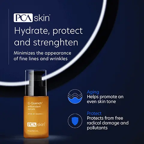 Image 1: PCA skin Hydrate, protect and strenghten Minimizes the appearance of fine lines and wrinkles C-Quench antioxidant serum PCA skin 11/29.5 mL Aging Helps promote an even skin tone Protect Protects from free radical damage and pollutants Image 2, We've put our best into helping you feel your best Vitamin C Minimizes the appearance of fine lines and wrinkles while promoting an even skin tone Hyaluronic Acid Protects, hydrates and strengthens the skin Lilac Leaf Cell Culture Extract An antioxidant derived from the stem cells of the lilac plant Image 3, Differences you can see BEFORE AFTER 4 MONTHS Condition: Deep wrinkling and laxity Solution: C-Quench Antioxidant Serum *Photos not retouched Image 4, Complete your regimen facial wash olyproblem PCA skin C-Quench PCA skin clearskin Sightweight moisturizer for normal to oily skin Olhydrate PCN skin' weightless protection broad spectrum spf 45 PCA skin Facial Wash Oily/Problem Removes makeup, oil, dirt and environmental impurities. C-Quench Antioxidant Face Serum Minimizes fine lines and wrinkles, while hydrating and strengthening. Clearskin Calms and soothes normal to oily, breakout-prone and sensitive skin. Weightless Protection Broad Spectrum Lightweight SPF 45 protection prevents and protects from free radical damage. Imsge 5, I cannot say just how much I LOVE this Vit c! It has already changed my skin!! Verified Customer Image 6, C Skincare trusted by experts • PCA SKIN performs extensive product testing and all finished products are tested with patients in medical practices • All SPF products are recommended by the Skin Cancer Foundation • We do not perform or condone animal testing • Our products are free of: - Synthetic dyes and fragrances - Mineral oil - Lanolin - Phthalates -Parabens Skin