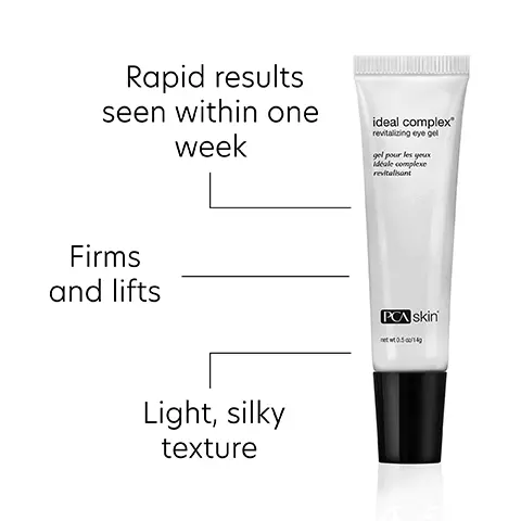 Image 1: >Rapid results seen within one week ideal complex revitalizing eye gel gel pour les yeux ideale complexe revitalisant Firms and lifts Light, silky texture PCA skin netwt05/14 Image 2, Apply a small amount around the eye area and directly to the eyelid Image 3, Treats dark circles, puffiness, fine lines, wrinkles and sagging eyelids simultaneously Image 4, ideal comple CA skin Acetyl Tetrapeptide-5 a peptide with anti-edema effects that increases skin elasticity and skin moisturization while improving the appearance of dark circles around the eyes Image 5, Differences you can see BEFORE AFTER TWO WEEKS Condition: Fine lines, wrinkles, sagging and dark circles Solution: Ideal Complex Eye Gel *Photos not retouched Image 6, creamy cleanser nettoyant onctueux PCA skin 7100/206.5mL Complete the regimen hyaluronic acid boosting serum Taidehuri ideal complex revitalizing eyegl collagen hydrator hydratant au collagéne PCN skin PCA skin 10/30 PCA skin Image 6, My favorite eye treatment. Helps with puffiness, dark circles and fine lines. Cannot live without. Verified Customer Image 7, C Skincare trusted by experts • PCA SKIN performs extensive product testing and all finished products are tested with patients in medical practices • All SPF products are recommended by the Skin Cancer Foundation • We do not perform or condone animal testing • Our products are free of: - Synthetic dyes and fragrances - Mineral oil - Lanolin - Phthalates -Parabens Skin