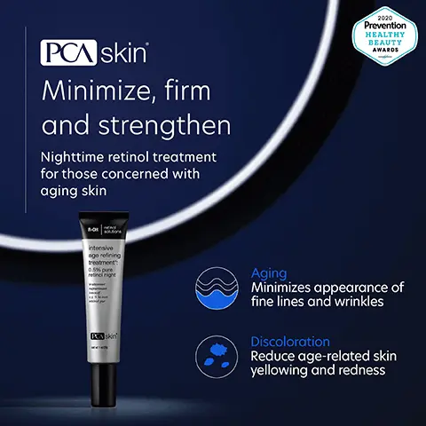 Image 1: [PCA skin Minimize, firm and strengthen Nighttime retinol treatment for those concerned with aging skin intensive ago refining treatment retinal right 2020 Prevention HEALTHY BEAUTY AWARDS PCA Skin Aging Minimizes appearance of fine lines and wrinkles Discoloration Reduce age-related skin yellowing and redness Image 2, We've put our best into helping you feel your best Retinol (Vitamin A) Promotes a clear complexion and even skin tone Niacinamide Reduces age-related skin yellowing and redness Myristoyl Nonapeptide-3 Peptide that supports skin-strengthening Orange Stem Cell Extract Improves skin elasticity and firmness for anti-aging benefits Image 3, Differences you can see BEFORE AFTER SIX WEEKS Condition: Diffuse redness and impaired barrier Solution: Intensive Age Refining Treatment *Photos not retouched Image 4, Omnisome Delivery This proprietary delivery system properly stabilizes salicylic acid to boost its overall penetration into the skin, resulting in a clear complexion -After 10 hours, the OmniSome delivery system continues to release additional actives into the lower layers of the skin. Conventional delivery systems do not penetrate as deeply. Image 5, Complete your regimen creamy cleanser hydrator plus broad spectrum sp30 PCA skin HydraLuxe Intensive hydration PCA skin PCA skin Creamy Cleanser Gently hydrates and removes makeup, oil, dirt and impurities. Intensive Age Refining Treatment - Ultimate retinol treatment for those concerned with aging skin. HydraLuxe Deeply hydrates the skin while providing anti-aging benefits. Hydrator Plus SPF 30 Broad spectrum protection that also hydrates dry/dehydrated skin. Image 6, Yes this retinol night cream works great, my skin already has shown an improvement. Verified Customer Image 7, C Skincare trusted by experts • PCA SKIN performs extensive product testing and all finished products are tested with patients in medical practices • All SPF products are recommended by the Skin Cancer Foundation • We do not perform or condone animal testing • Our products are free of: - Synthetic dyes and fragrances - Mineral oil - Lanolin - Phthalates -Parabens Skin