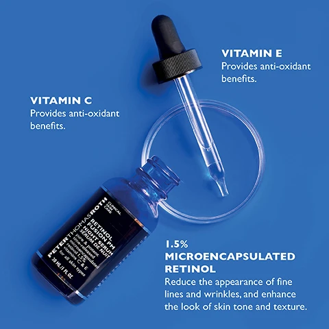 Image 1 - A blue background features a dropper bottle and a glass dish, with the bottle labeled as 1.5% Microencapsulated Retinol and text stating Reduce the appearance of fine lines and wrinkles, and enhance the look of skin tone and texture, alongside text for Vitamin C and Vitamin E that both state they provide anti-oxidant benefits.
              Image 2 - A close-up image of three dark blue glass bottles of retinol serum on a blue surface, with a dropper dispensing the serum from one bottle, and visible text includes PETER THOMAS ROTH RETINOL FUSION PM NIGHT SERUM, 30 ML / 1 FL OZ, and a blue box with instructions that read HOW TO USE Apply nightly to cleansed face. Use SPF protection during the day. If mild irritation or redness occur, use every other night until skin adjusts. Gradually build to nightly use. *For external use only.
              Image 3 - Four images comparing skin areas before and after treatment, labeled Cheek Area Before, Cheek Area After 4 Weeks, Mouth Area Before, Mouth Area After 2 Weeks, Forehead Before, and Forehead After 4 Weeks, with a blue background and an asterisk indicating that individual results may vary.