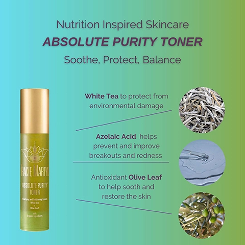 Nutrition inspired skincare, absolute purity toner. Soothe, protect, balance. White tea to protect from environmental damage. Azelaic acid helps prevent and improve breakouts and redness. Antioxidant olive leaf to help sooth and restore the skin.