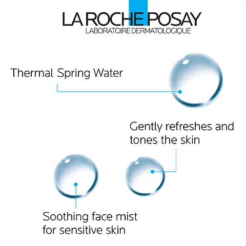 Image 1, LA ROCHE POSAY LABORATOIRE DERMATOLOGIQUE Thermal Spring Water Gently refreshes and tones the skin Soothing face mist for sensitive skin Image 2, LA ROCHE-POSAY LABORATOIRE DERMATOLOGIQUE EAU THERMALE PEAUX SENSIBLES Apase of protege Nature and THERMAL SPRING WATER SENSITIVE SKIN Sooches and protects Scorse 150g-5202 Made in Franc AFTER CLEANSING, SPRAY 8 TO 12 INCHES FROM FACE AND LEAVE ON FOR 2 TO 3 MINUTES. GENTLY PAT OFF Image 3, GENTLY PAT OFF EXCESS SPRAY WITHOUT RUBBING SPRAY 8 TO 12 INCHES FROM FACE, THEN LEAVE ON 2-3 MINUTES Image 4, RICH IN ANTIOXIDANTS SELENIUM LA ROCHE-POSAY BATORE DERMATOLOGIQUE NEUTRAL PH EAU THERMALE PEAUX SENSIBLES THERMAL SPRING WATER SENSITIVE SKIN COPPER Image 5, LA ROCHE POSAY LABORATOIRE DERMATOLOGIQUE Dermatologist Tested Allergy Tested Oil-Free/ Non-Comedogenic Fragrance-Free Recommended by 90,000 Dermatologists Worldwide