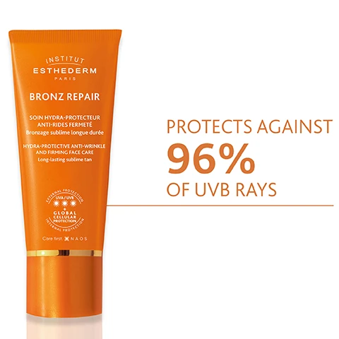 Image 1, protects against 96% of UVB rays. image 2, enhance natural tan by 95%. 82% firmer looking skin. smoothed wrinkles and fine lines by 77%. satisfaction test on 22 women aged 37 to 65, 28 days of application. image 2, protect and repair tan and smooth wrinkles. prolong and repair, hydrates and firms the skin after sun exposure.